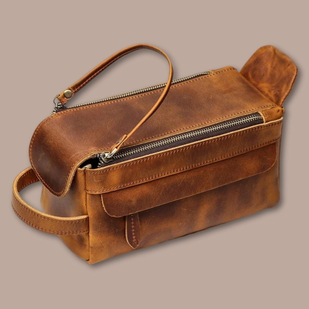 Trousse Toilette Homme Voyage Marron Clair Ciré / 24cm x 12cm X 10.5cm