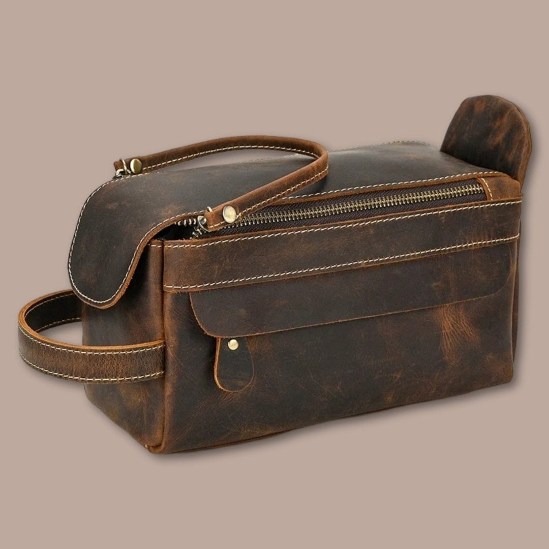 Trousse Toilette Homme Voyage Marron Foncé Ciré / 24cm x 12cm X 10.5cm